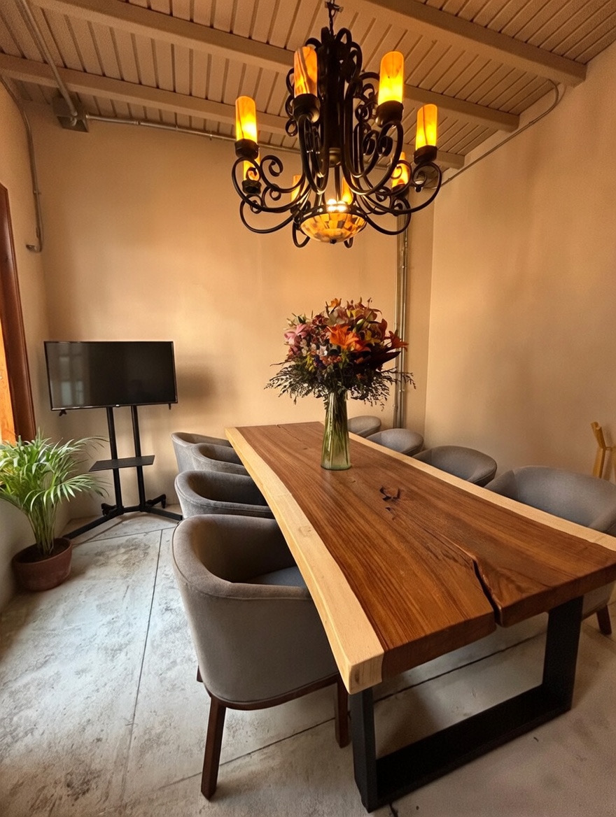 Mesa de madera viva con candelabro de hierro forjado